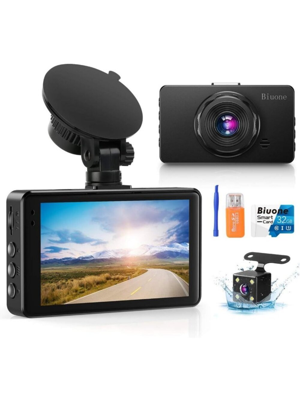 1080P Front & Rear Dash Cam for Cars, Includes 32GB Memory Card, Night Vision
